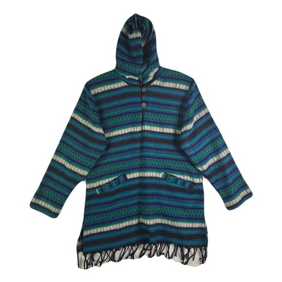 SACRED THREADS Hooded/Multicolored Striped/Fringe Hem Mexican Poncho Size S - Picture 3 of 10